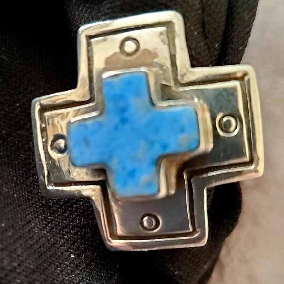 HANDCRAFTED ETCHED STERLING SILVER BLUE TURQUOISE CROSS RING SZ 5 ONE OF A KIND! - Picture 8 of 8